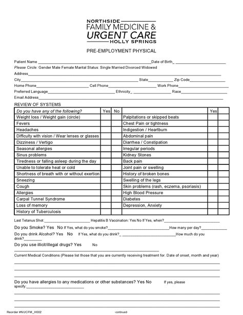 Pre Employment Physical Forms Printable